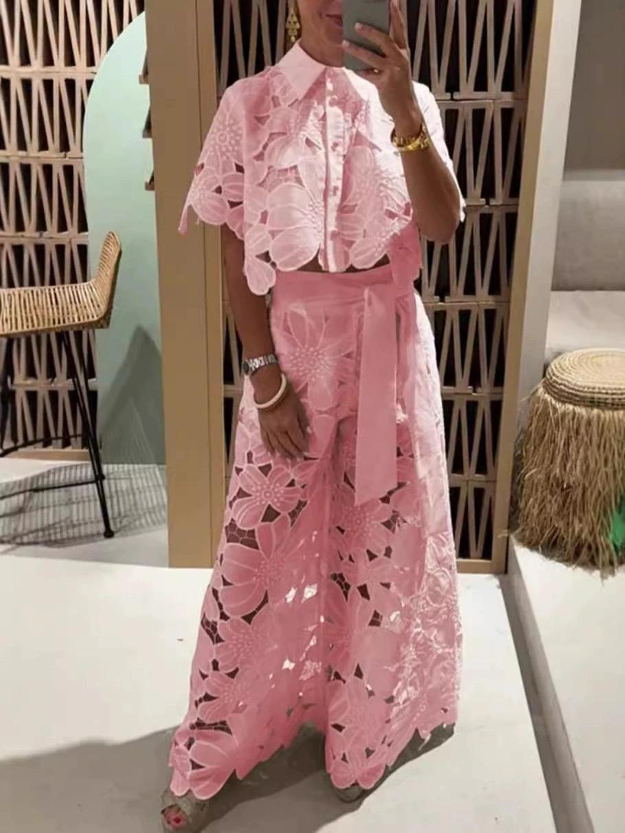 Women's 2026 New Retro Lace Outfit Set Short Sleeved Blouse Tops & Tie-up Pants Two-Piece Embroidery Hollow Temperament Suit for Casual & Special Occasions