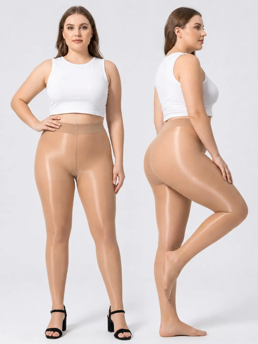 Pack de 2 Pantimedias Brillantes para Mujer Talla Grande - Medias Transparentes Cintura Alta de Aceite, Ultra Finas y Elásticas sheer style oily tights