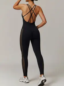 Seamless Stylish Women's High Elasticity Bodysuit with Mesh Design, Fashionable One-Piece Camisole for All Season, Yoga Jumpsuit, Sports Jumpsuit, Workout Jumpsuit, Sporty Comfy Jumpsuit