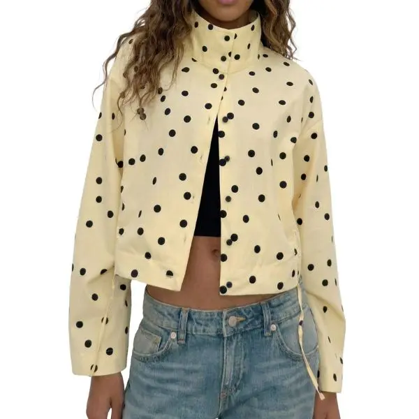 Fisoew Women's Soft Boxy Polka Dot Print Cropped Jacket, Casual Stand Collar Button-Down Top with Adjustable Drawstring, Tops, Retro, Lightweight, Straight