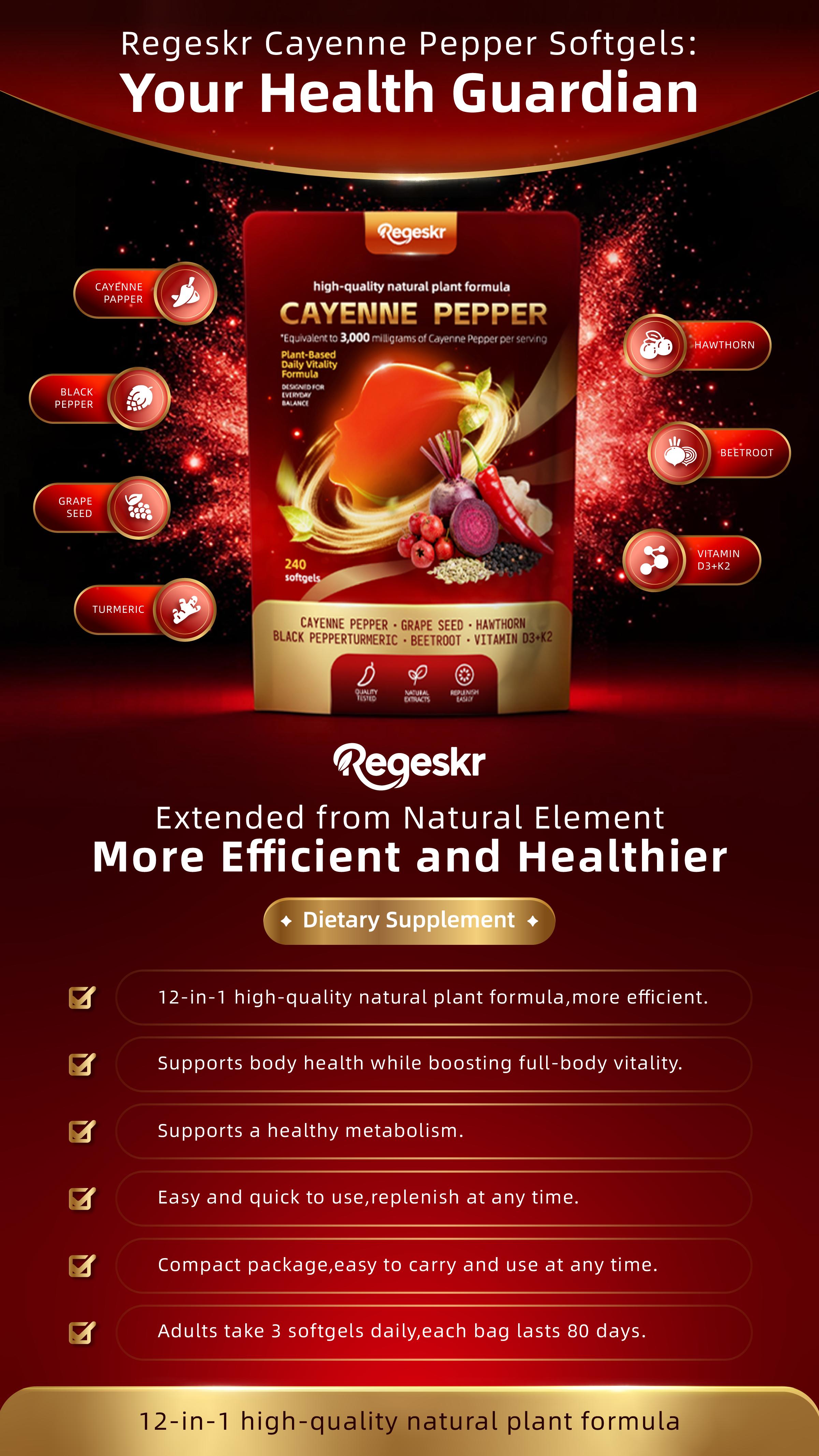 Regeskr Cayenne Pepper Softgel Capsules – Herbal Wellness Formula with Vitamins E, D3 & K2, Grape Seed, Hawthorn & Beetroot Extract (240 Softgels / 1 Pouch)