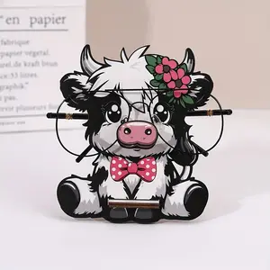 Wooden highland bull eye glasses holder | Cute animal design, with polka dot tie and book, durable wooden glasses holder display stand, suitable for home office desktop decoration, ladies' birthday gift, Desk Accessories