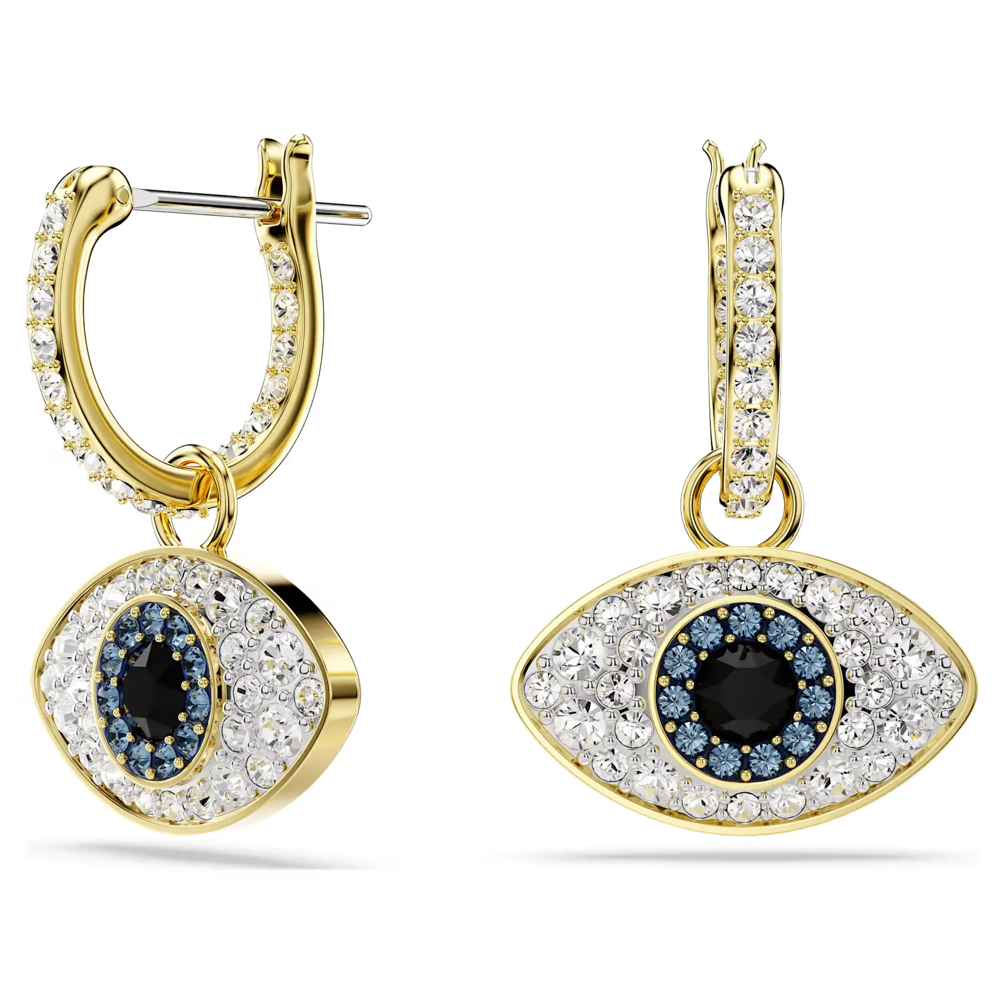 Swarovski Symbolica Gold-tone Plated Drop Earrings, Glamorous Evil Eye Motif with Mystical Blue and Black Crystal Pave, Unisex, Symbolism, Domed Evil Eye Motifs, Glamour, High-Quality Crystals