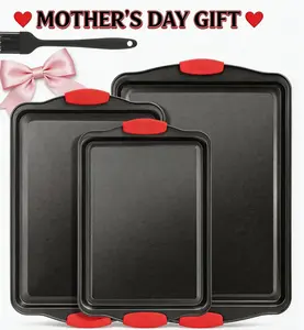Mother's Day Gift-3-Pack Nonstick Baking Sheet Set with Free Silicone Brush, Cookie Pans with Silicone Handles, Dishwasher Safeurable Oven Bakeware for Baking, Roasting & Grilling, outdoorfun