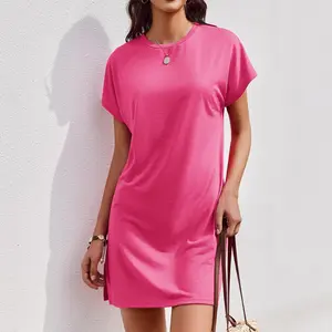 Women's Coverups Short Sleeve T-Shirt Dress Casual Side Slit Loose Fit Knee Length Beach Mini Dress S-XXL Crew Neck Batwing Sleeve Summer Plain Shortsleeve Crewneck