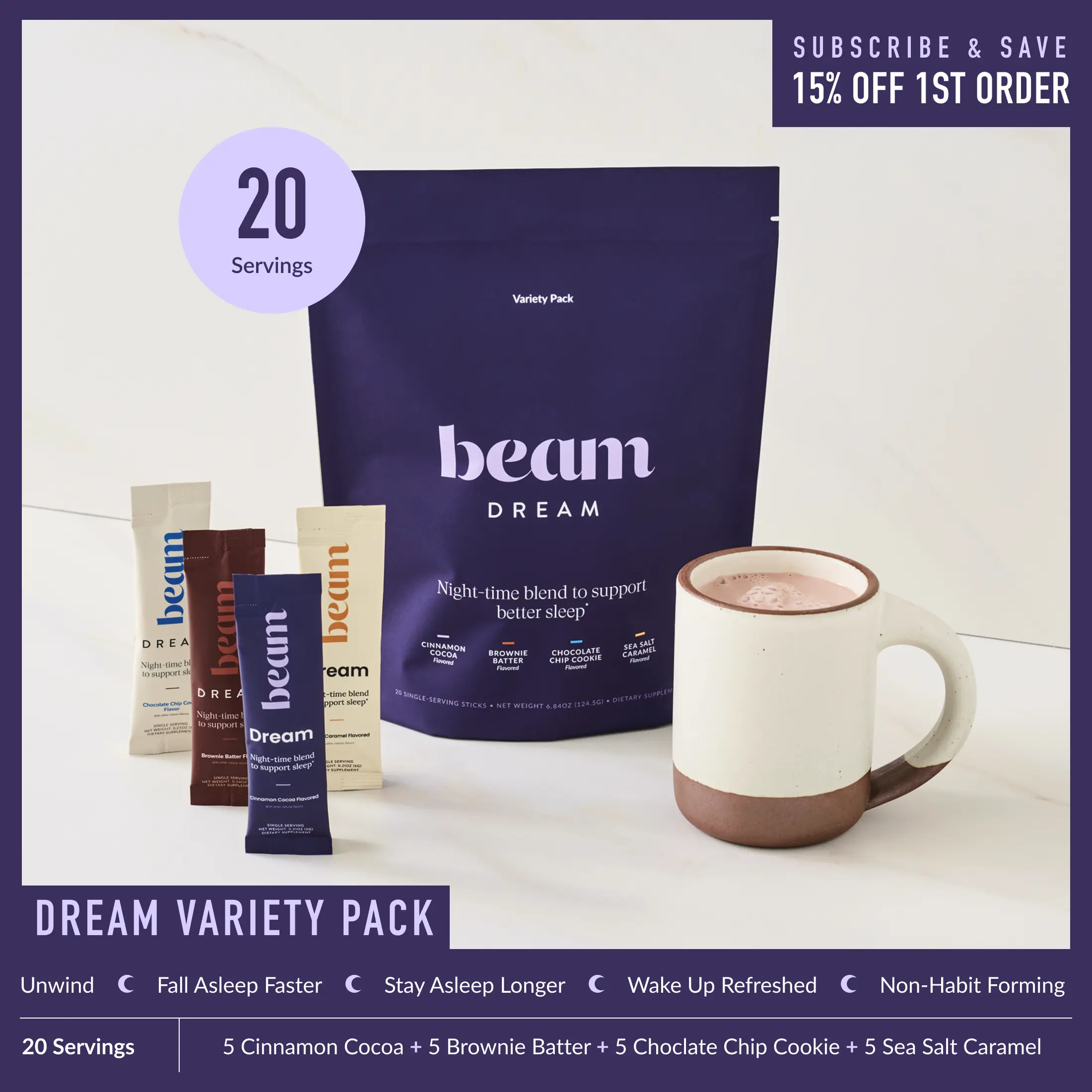 Beam Dream Nighttime Hot Cocoa Variety Pack - 20 Sticks Dietary Nutrition Supplement, Deep Sleep Aid with Melatonin, L-Theanine, Magnesium, 4 Flavors (Including Cinnamon), Dairy Free, Non Toxic, Functional Mushrooms, No Added Sugar | Summer Sale
