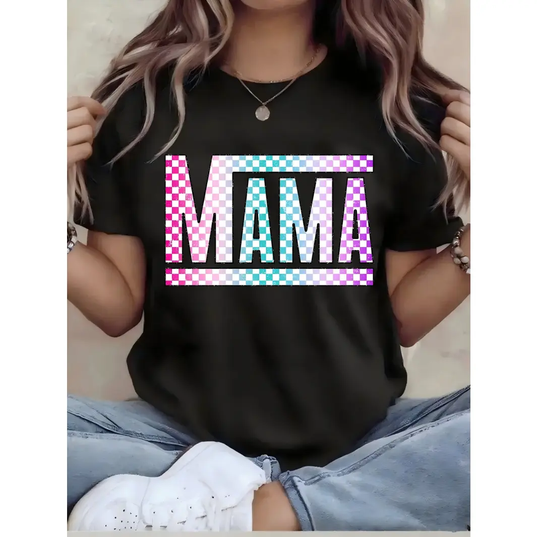 Women's Mama Graphic Tee - Short Sleeve Cotton Crew Neck Streetwear Top, Checkered Letter Print Mom Life Casual Shirt, Women's T Shirts for Everyday Wear Mother Gift, Shortsleeve, Momlife, Graphic Tees Women