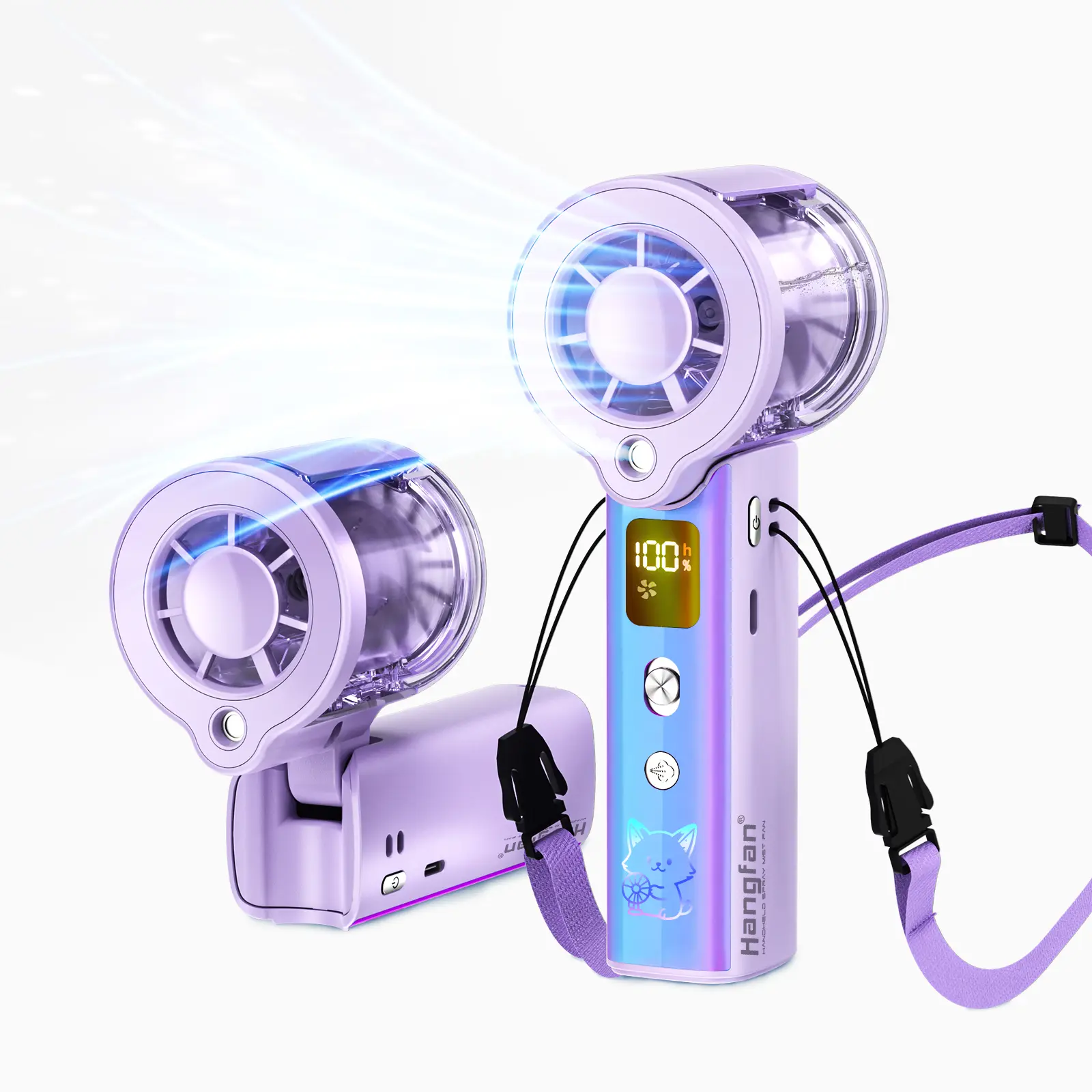 【Hangfan】 Portable Indoor Electric Heater Portable Misting Fan 3000mAh Rechargeable USB Fan, 100 Speed Adjustable, Foldable Mini Handheld Fan with LED Light, Power Bank Function, Personal Cooling Fan for Office Travel Shopping Concert Outdoor