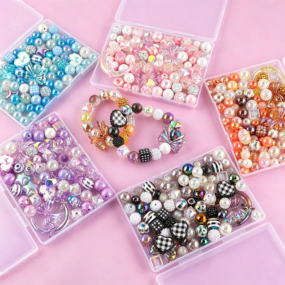 Unisex Beginner Acrylic Beads Jewelry Craft Kit - 1 Box Mixed Shapes Shiny Set with Moon-Bow, Round, Hexahedral, Cat Eye Beads for DIY Bracelets, Necklaces