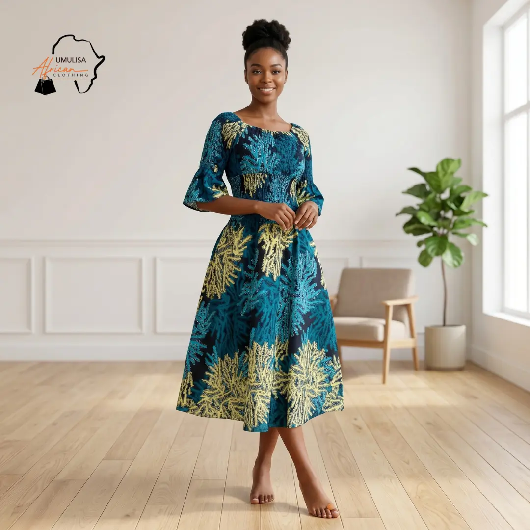 Teal Leaf Print Dress  - Elegant Teal African Print Midi Dress for Women, Ankara Fit and Flare Dress with Puff Sleeves, Wedding Guest Afro Chic Clothing, Stylish African Fashion Outfit for Church, Vacation and Special Occasions