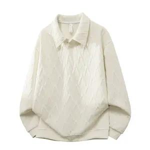 Men’s long-sleeve sweatshirt shirt with a polo collar for spring and autumn; unisex design—simple, loose fit, solid color, versatile top; vintage textured diamond-quilted long-sleeve polo.