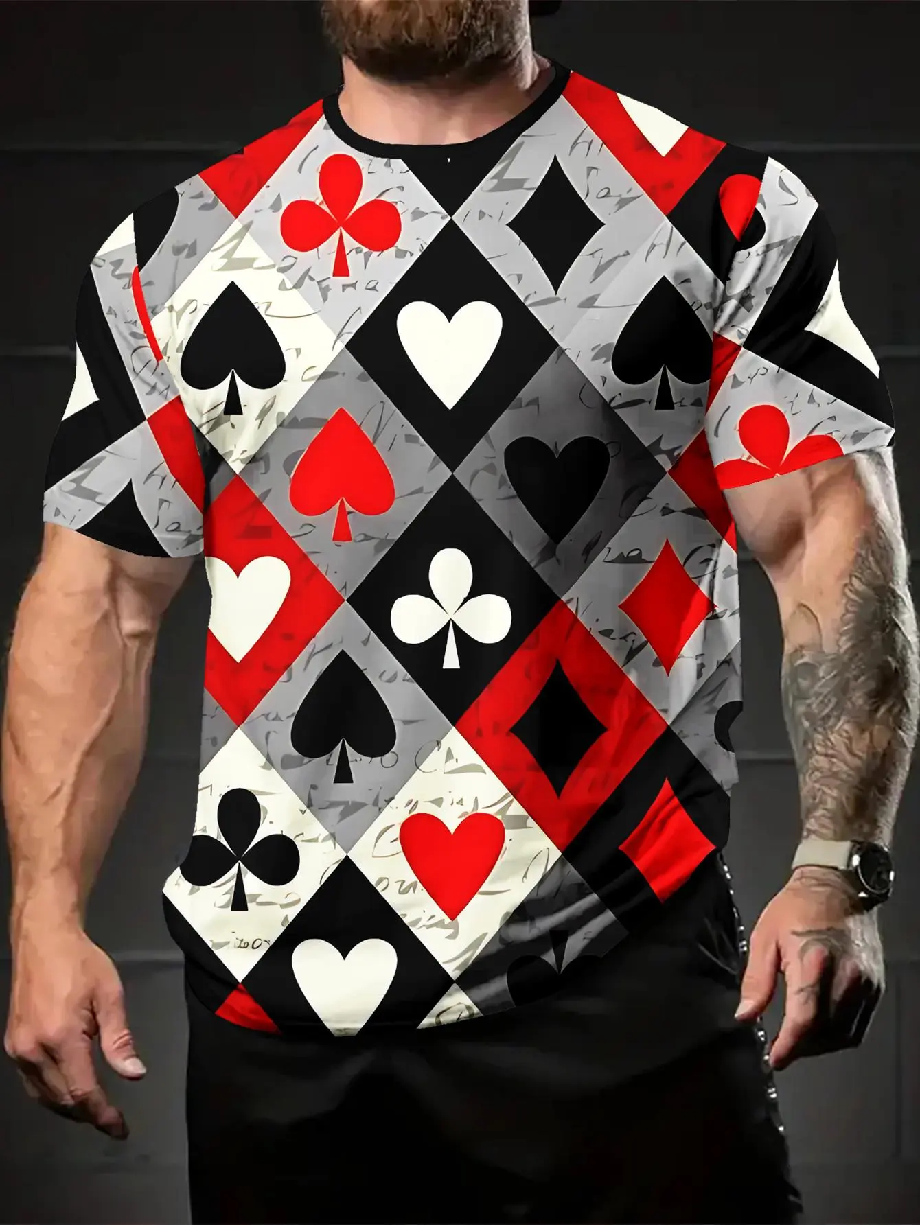 MenS Men' Plus Size Chess-Themed T-Shirt - All-Over Chess Piece Print (Hearts & Spades), Round Neck Short Sleeve Casual Streetwear Suitable for Chess Enthusiasts, Machine Washable Gift for Tournaments & Casual Attire, PLUS SIZE