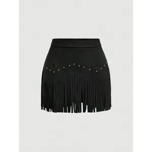Women's Fringe Trim Short Skirt, Elegant Solid Color Zipper Skirt for Daily Wear, Ladies Bottoms for All Seasons, Skirts, Fringe Skort, Womenswear Can be used with raincoat