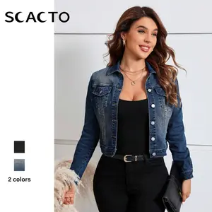 【Plus Size】Scacto Women's Casual Distressed Cropped Denim Jacket Fitted Long Sleeve Medium Length All Seasons Plain Style 100% Polyester Regular Length Regular Sleeves Sizes S-3XL Tops Outerwear