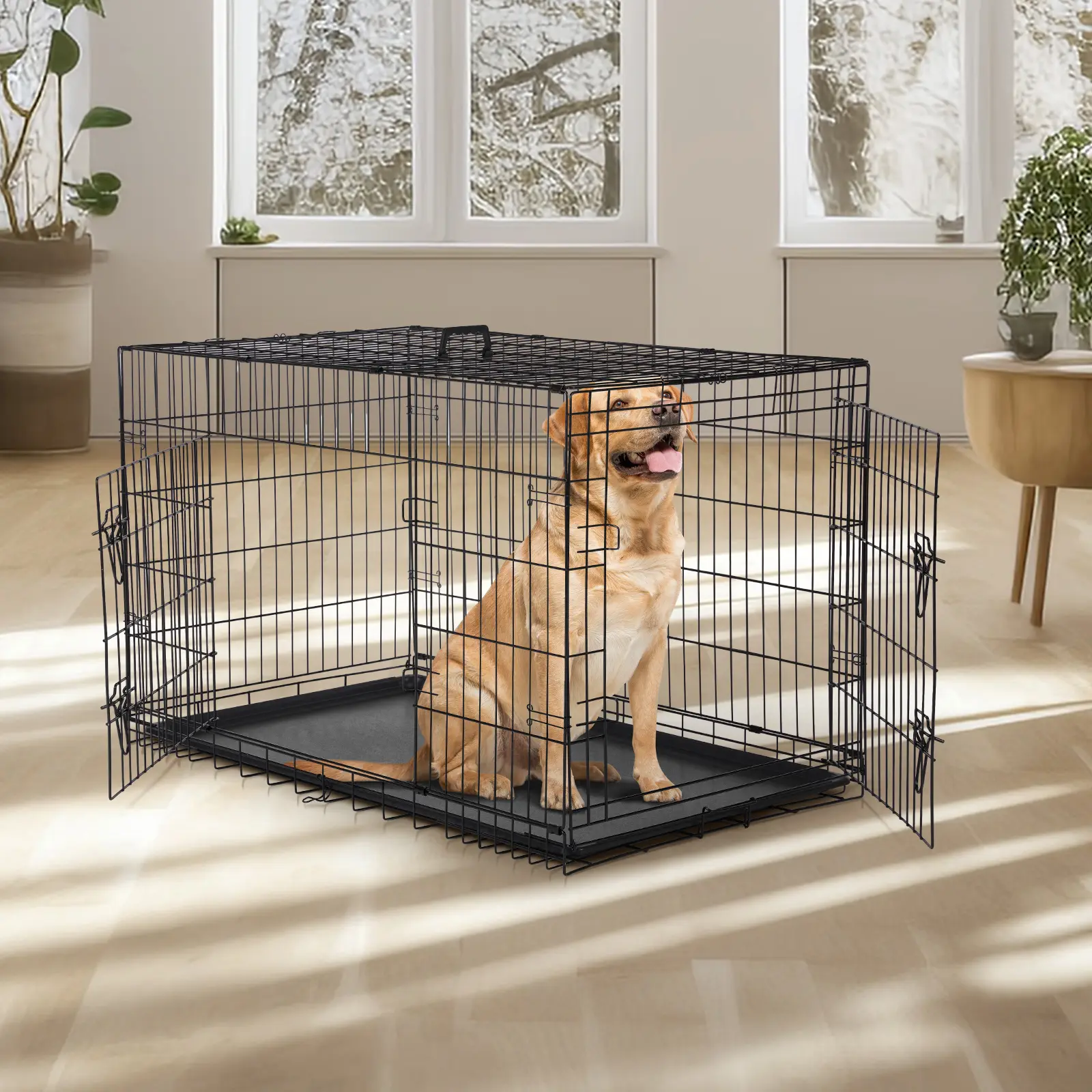 Sweetcrispy Collapsible Large Dog Kennel Cage with Divider Panel, 24–48" Size Range Double-Door Metal Wire Escape-Proof Design, Leak-Proof Odor-Resist Pan Tray, for Indoor, Outdoor & Camping Use