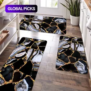 JIT 2/3pcs Kitchen Flannel Marble pattern Artistic Decorative carpet Kitchen carpet set, flannel bedside set floor mat anti-slip washable bedside soft carpet, Washable Kitchen Rugs, for laundry room, corridor floor running mat carpet #GLOBAL PICKS