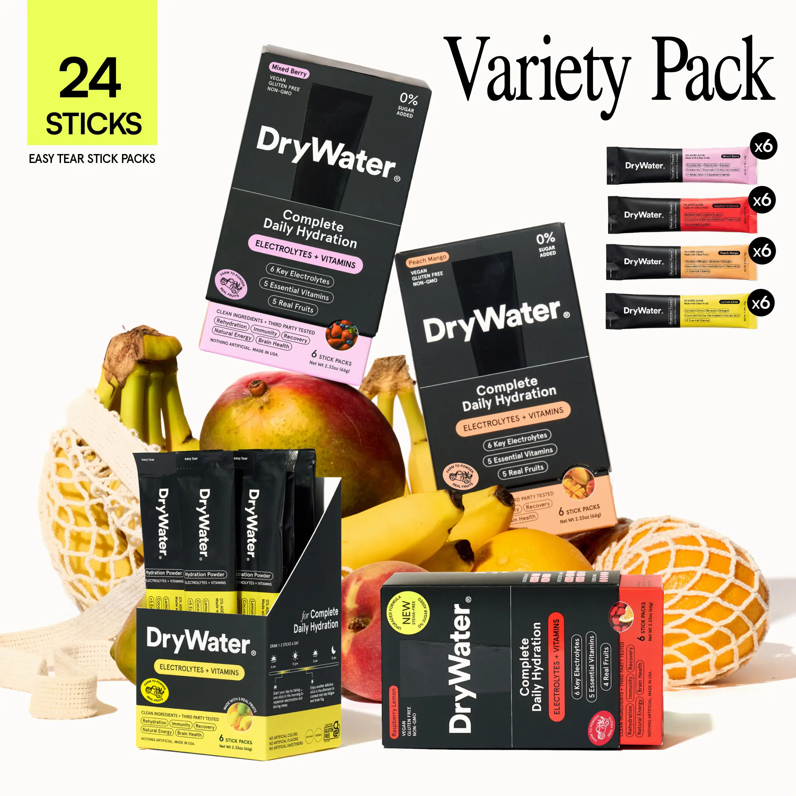 DryWater Variety Pack | Daily  Hydration Powder Packets | 1,000mg Potassium | Real Fruit | Nothing Artificial | No Added Sugar | Clean & Tested (24 Stick Packs)