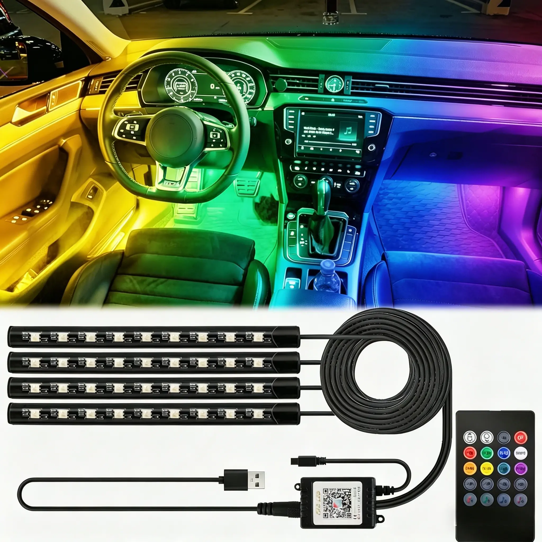 48-LED RGB Car Interior Light Strips Kit - USB Plug-In, Music Sync, Wireless Remote-Controlled, 3M Adhesive PMMA Acrylic Durable Ambient Glow Lighting for Car Tuners, Night Cruising Universal Fit (Dating Ready)