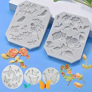 5 Pack Butterfly Rose Flower Stems Birds Blossoms Silicone Fondant Mold,for Making Chocolate Fondant Jelly Polymer Clay Soap Crafting DIY Projects and Cake Decoration Reusable summervibes
