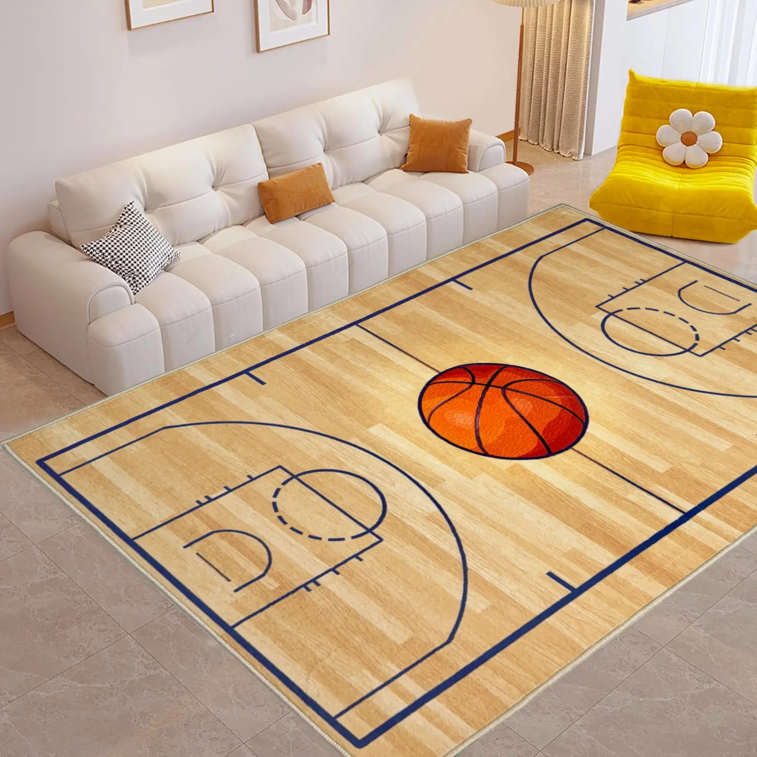 Basketball Themed Area Rug - Machine Washable Non-Slip TPR Backing, Foldable Sports Decor Carpet for Man Cave, Bedroom, Living Room, Game Room