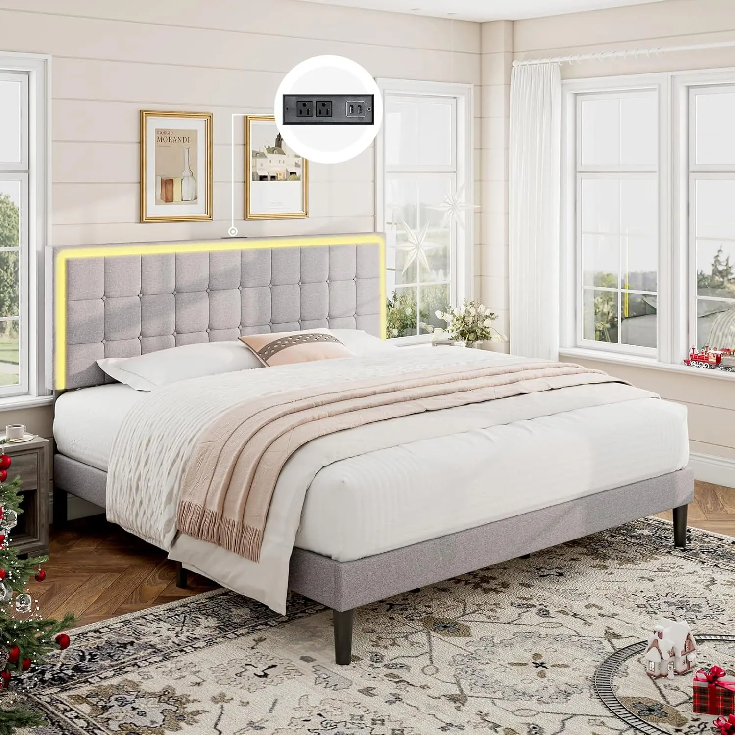 [Summergarden][Fathersdaygift] AMERLIFE Modern Bed Frame with RGB LED Lights and Linen Upholstered Headboard, Button Tufted Platform Bed Frame with USB Charging Station, Only Bed Frame/Luxury Bed Frames/Full/Queen/King/Christmas Gifts
