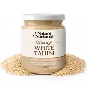 Creamy White Sesame Tahini · Raw Sesame Paste for Toast, Baking, Smoothies & Savory Spreads · Stone Ground for 12 Hours · Single Ingredient · Small Batch · High Protein · No Added Sugar · No Palm Oil · Packed in Glass Jar · 9 oz (255 g)