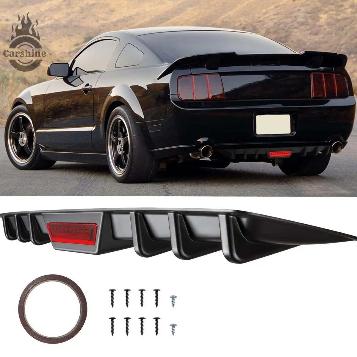 For Ford Mustang GT 2005-2008 Rear Lower Bumper Diffuser Shark Fins Spoiler Lip（Please note: this is a reflective strip, not an actual light.）