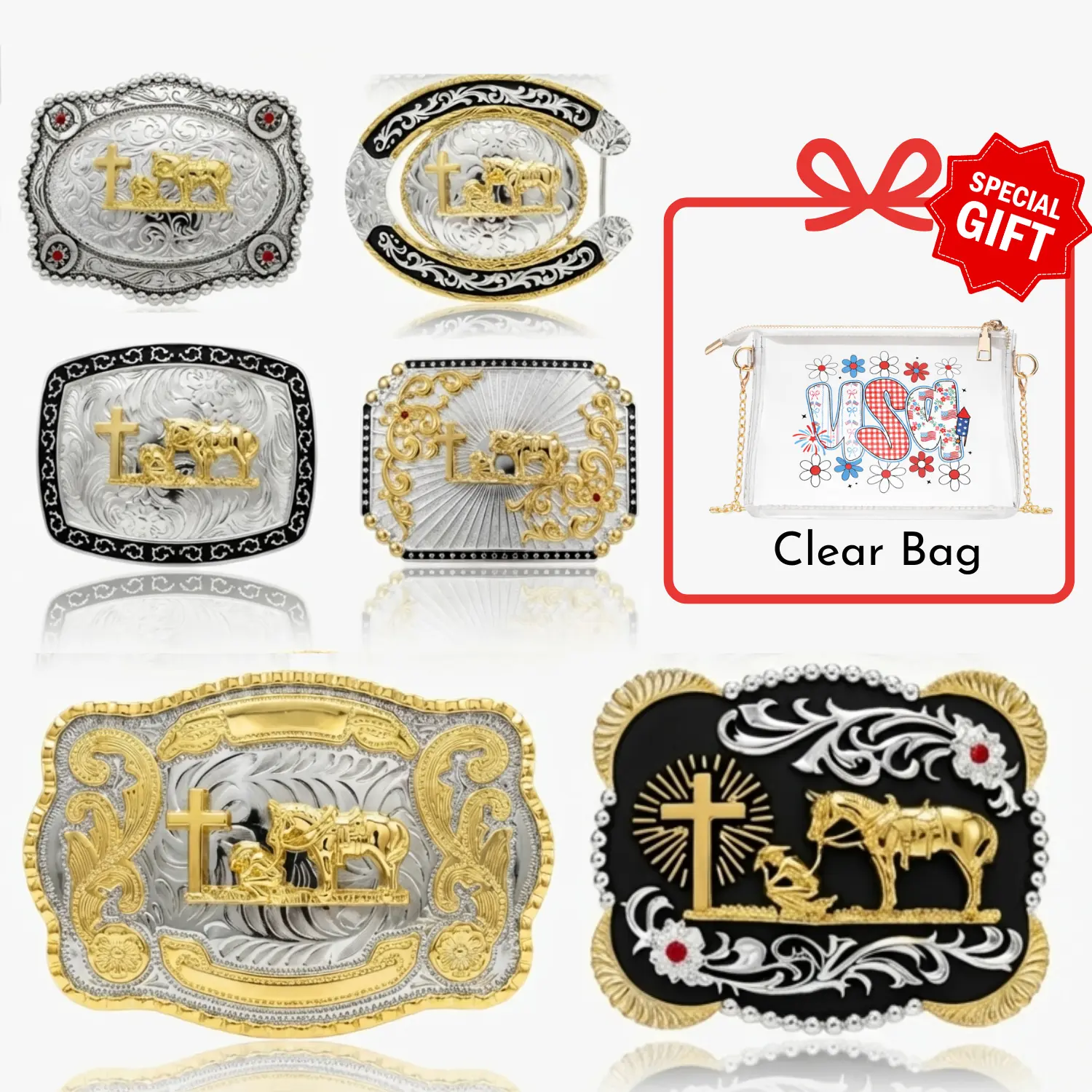 Premium Praying Cowboy Belt Buckle – Kneeling Horse Christian Cross Hebilla Vaquera Rodeo Multiple Designs Gold Silver Fits Standard 1.6 Inch Belt