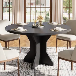 47" Round MDF Top Modern Dining Table - Minimalist Indoor Furniture, Easy-Clean Surface, Sturdy Pedestal Base, Compact Space-Saving Design for 4-6 People, Ideal for Living Room, Apartment, Black