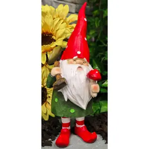 Whimsical Green Thumb Gnome Planting Toadstool Mushroom with Shovel Figurine