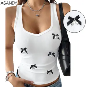 ASANDY Women’s Minimalist Ribbed Plain Short Cropped U-Neck Sleeveless Tank Top - Slim Fit, Comfortable Everyday Casual Wear with Black Bow, Pearl Charms (Pair with Jeans)