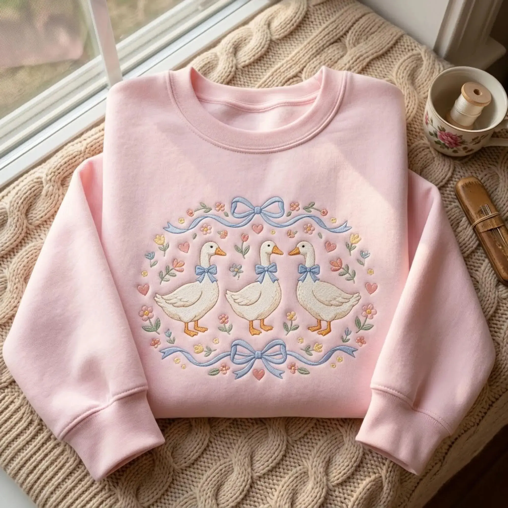Women's Retro Cotton Cottagecore Sweatshirt - Animal Goose Embroidered, Longsleeves Round Neck Casual Top for Jeans, Leggings