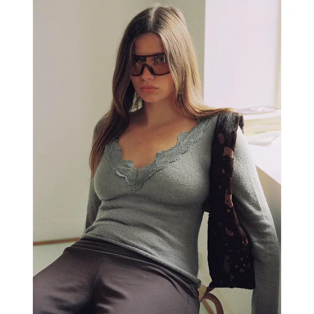 MOTEL Semra Long Sleeve Top in Sheer Knit Sage Grey