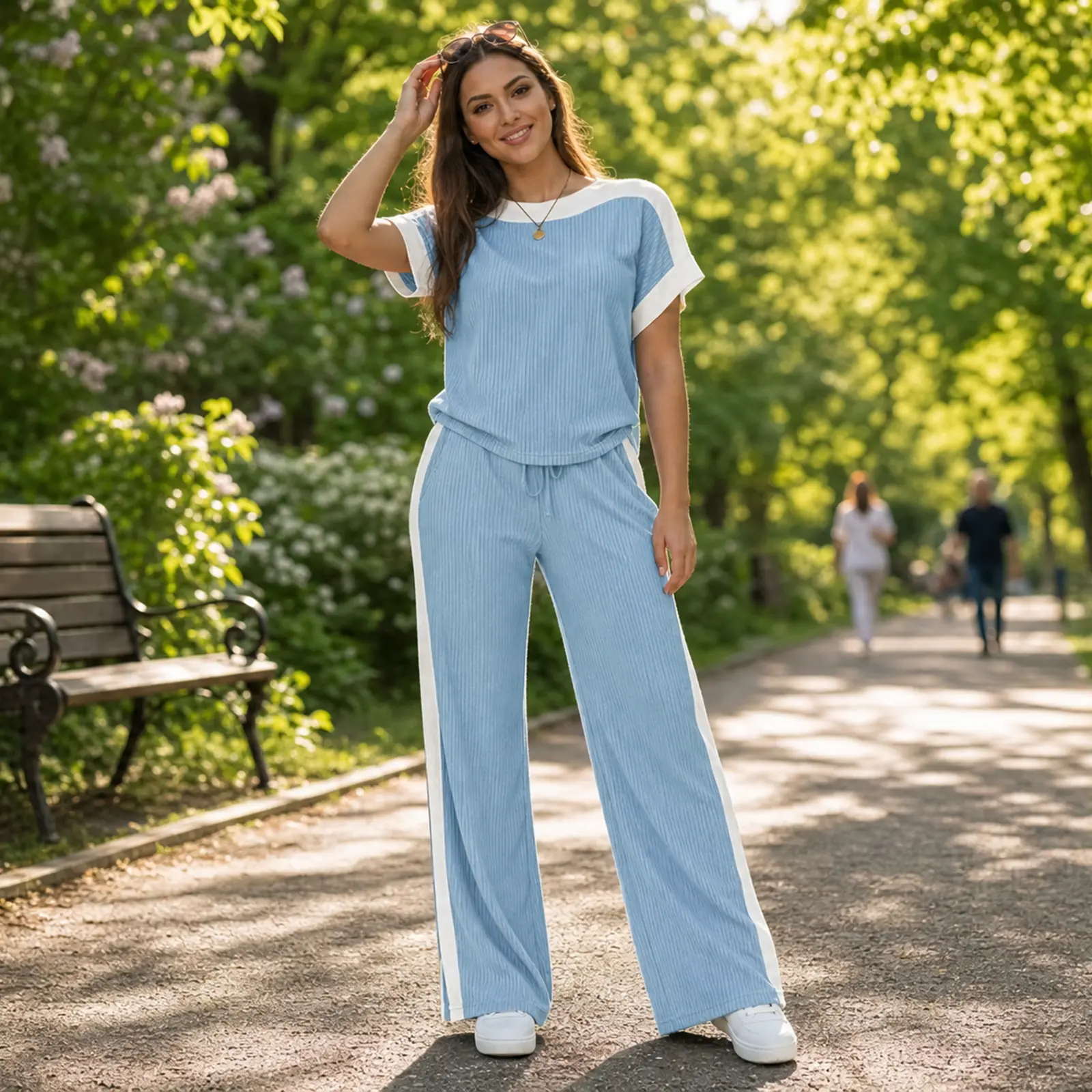 Fisoew Women’s Ribbed Two Piece Outfit Color Block Short Sleeve Top & Wide Leg Pants Set with Pockets Womenswear Clothes Suits