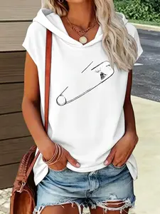 Women's Summer New Sleeveless Hooded T-Shirt, Simple Pin Print, Cool and Stylish, Casual Daily Sports Top, Versatile Fashion Wear