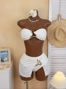 New Fashion Pure Bikini Three-Piece Set, Bandeau Bikini Set, Special Texture Fabric Design, Halter Top, Irregular Accessories, Elegant Simple Ensemble