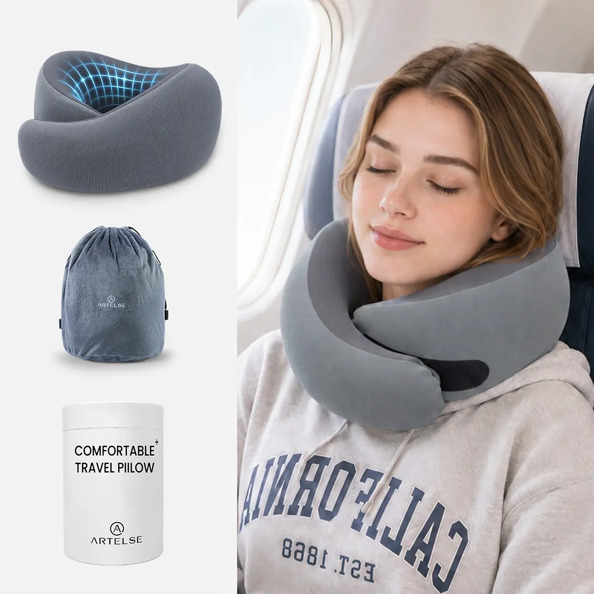 ARTELSE Cloud Travel Pillow, 3-Zone Ergonomic Support Memory Foam Neck Pillow,360° Ergonomic Support,  Soft & Washable, Airplane Head Holder,Portable Neck Pillow