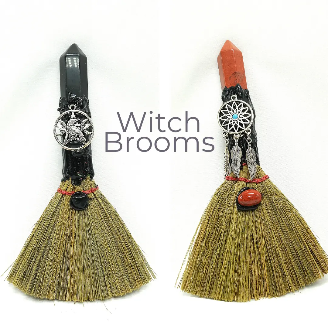 Crystal Witch Broom Besom, Obsidian with Crow, Blue Aventurine with Pentacle, Or Jasper with Dreamcatcher