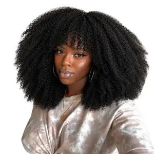 Afro Kinky Curly Fringe Wig Human Hair Glueless Wig Wear Go No Glue Ready to Wear Natural Curly Wig with Bangs Beginner Friendly Soft & Fluffy Natural Look Daily Use Party Hair Wig for Black Women