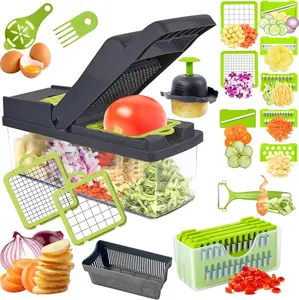 Vegetable Chopper 15 in 1- Multifunctional Food Chopper with 7 Blades- Mandoline Slicer, Dicer, Cutter, Peeler & Grater for Onion, Potato, Salad, Carrot, Garlic with Drain Basket & Container