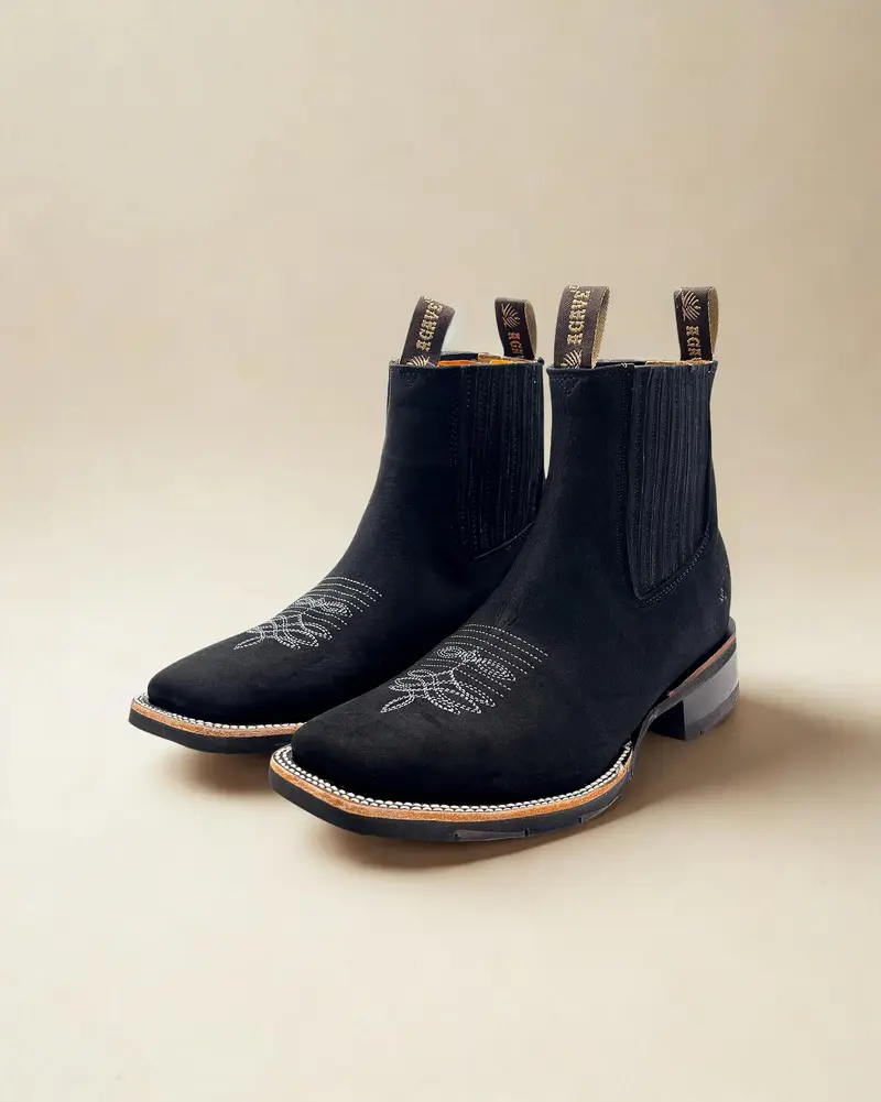 Handcrafted Men's Cowboy Ankle Boots/ Chelsea Boots Square toe/ Square Toe Half Boots Botines Vaqueros Charro Black