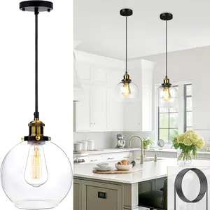 Modern Glass Round Ball Pendant Light, Transparent Kitchen Island and Dining Ceiling Lamp, Adjustable Wire, Easy Installation Hardware Included