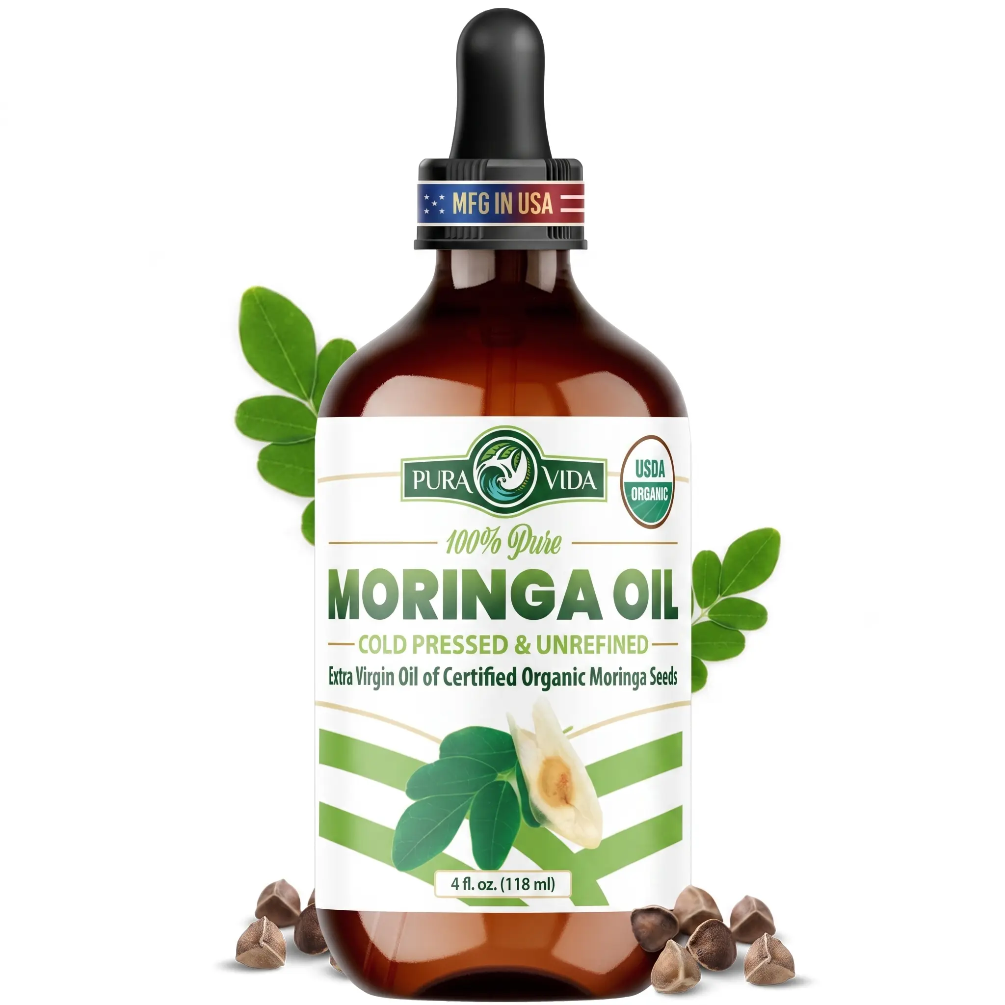 Pura Vida Moringa Oil Organic for Face, Hair, Nails and Dry Skin - USDA Certified Organic