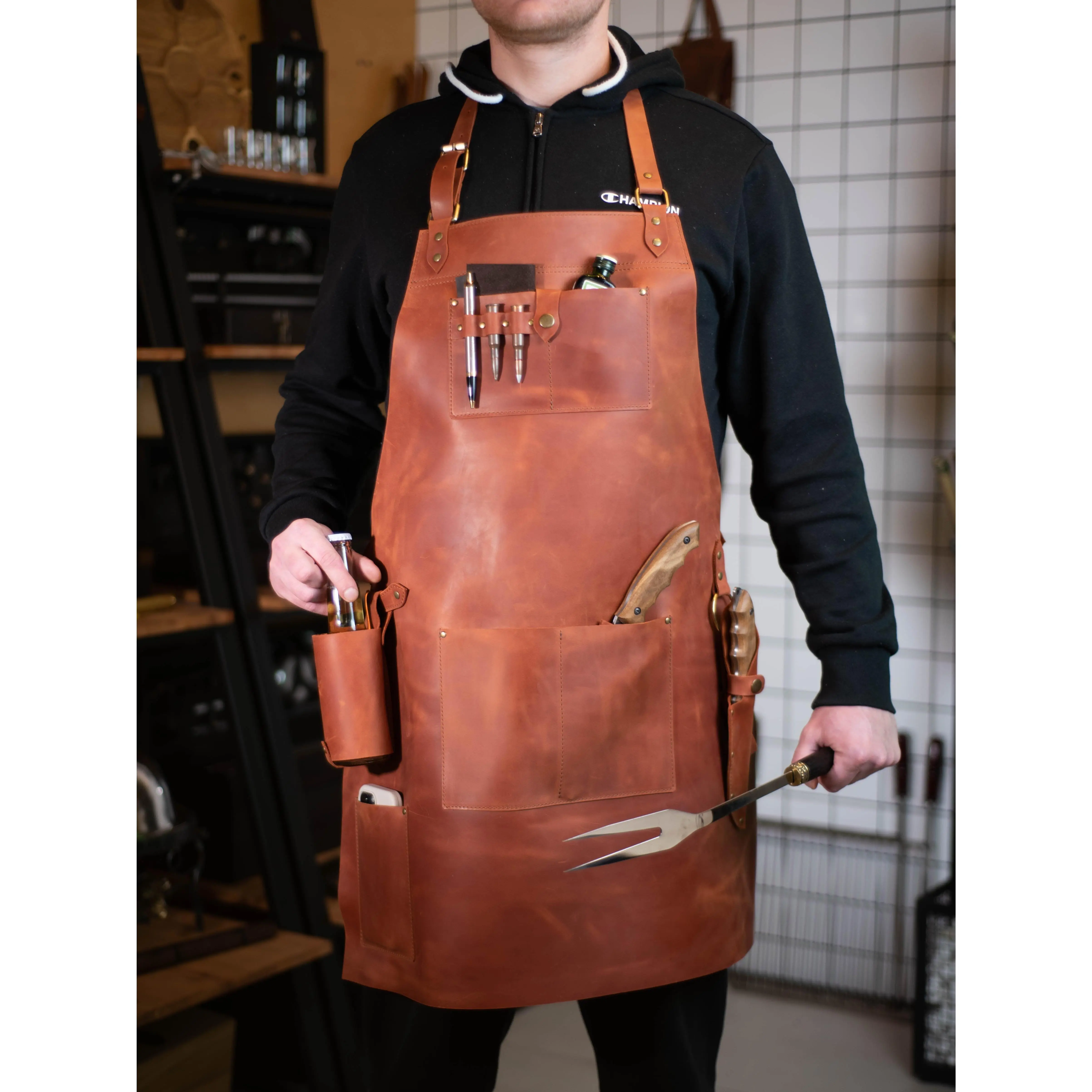 Genuine Leather BBQ & Kitchen Apron - Crazy Horse Material, Adjustable One Size with Utility Pockets, Bottle Holder, Wipe-Clean Home Care Apron, Aprons With Pockets