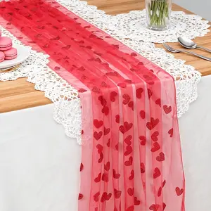 1 piece, table runner, red gold heart-shaped gauze table runner, red heart table runner, bridal shower decoration, wedding bride party decoration, table decoration, anniversary party supplies, happy birthday party decoration.