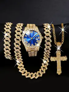 Luxury Rhinestone Jewelry Watch Set, Includes Bracelet and Necklace, Stainless Steel Band, Calendar Function, Unisex, Birthday Gift, Fashion Quartz Watch Set