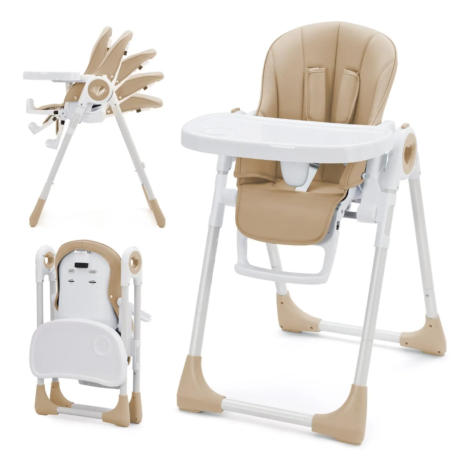 GAOMON Foldable Baby High Chair (Aluminum Frame) - Adjustable Height, 5 Recline Positions, Removable Double Trays, Easy Clean, Space-Saving, 5-Point Harness for Toddlers, Folding Chair