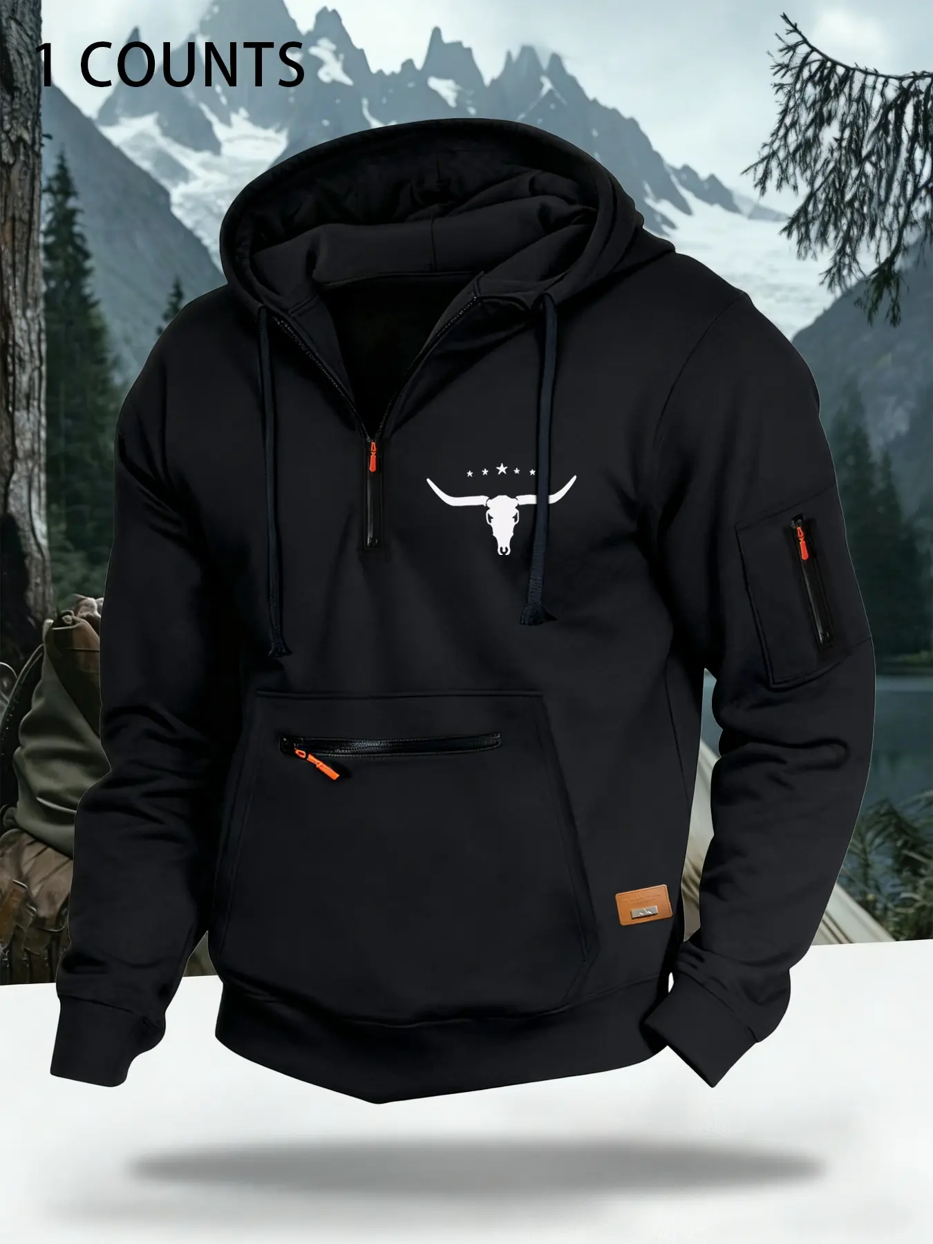 Autumn Winter Design Zipper Thick Pockets Hoodie, Athletic Hoodies, Cow Head Star Chest Pattern, Side Tag Patch, Casual Loose Fit Sportswear, Athletic Sweatshirt, Casual Sports Style, Casual Athletic Apparel