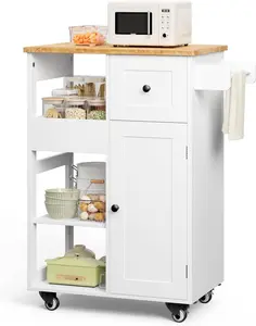 Gizoon Kitchen Island Cart on Wheels, with Thickened Wooden Countertop, Rolling Serving Utility Cart with Drawers and Doors, Bar Cart with Adjustable Shelf and Removable Tray for Dining Room, White Metal Organiser