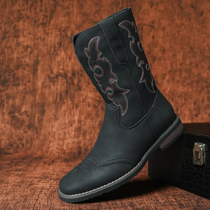 Men’s Retro Casual Square-Toe Western Cowboy Boots - Classic Embroidery, Waterproof Soft PU Leather, Cuban Heel, Carved Look, All-Seasons Comfortable Rubber Outsole for Everyday Wear